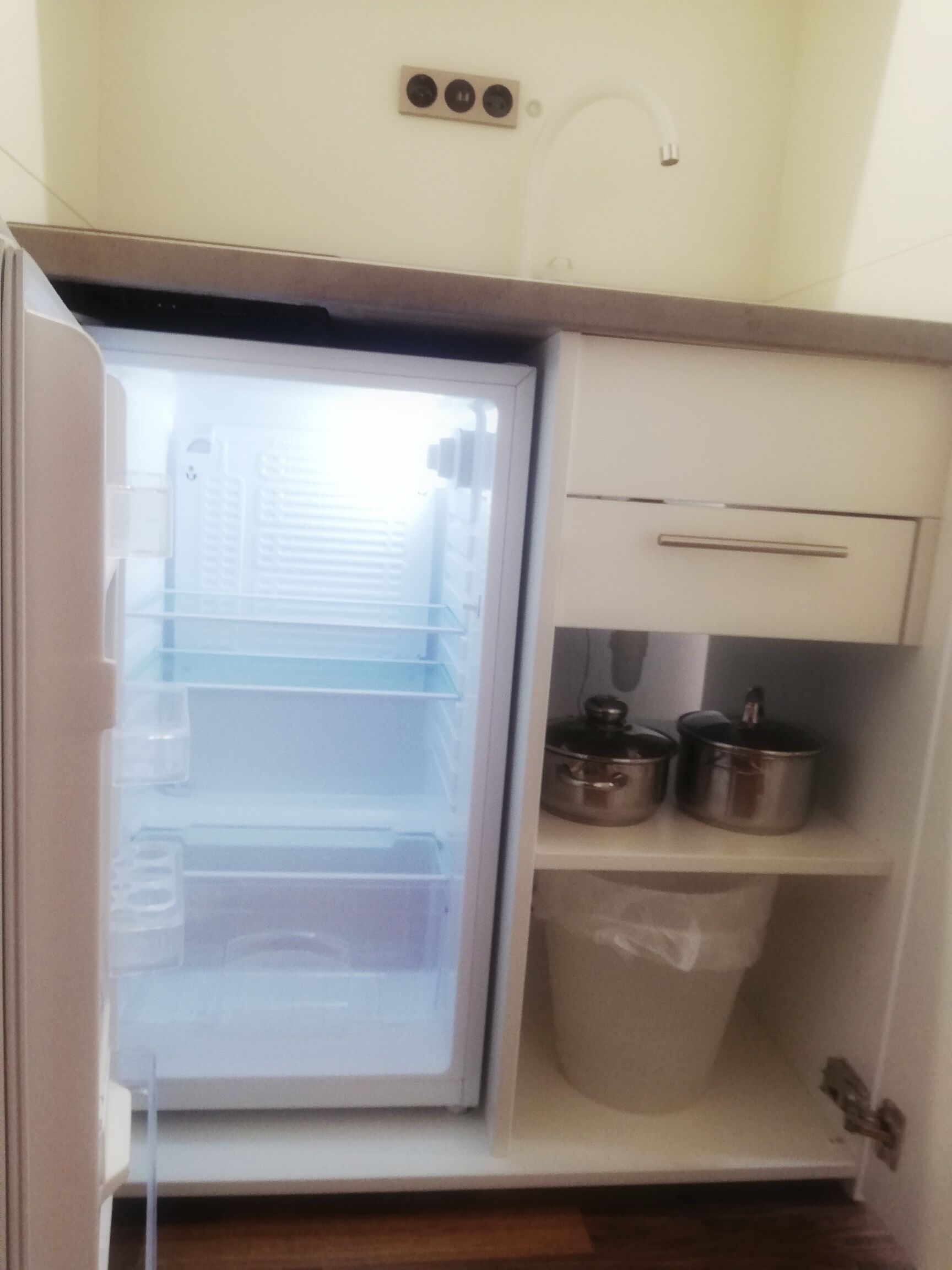 A compact kitchen with a built-in refrigerator, a small countertop, and a trash bin.