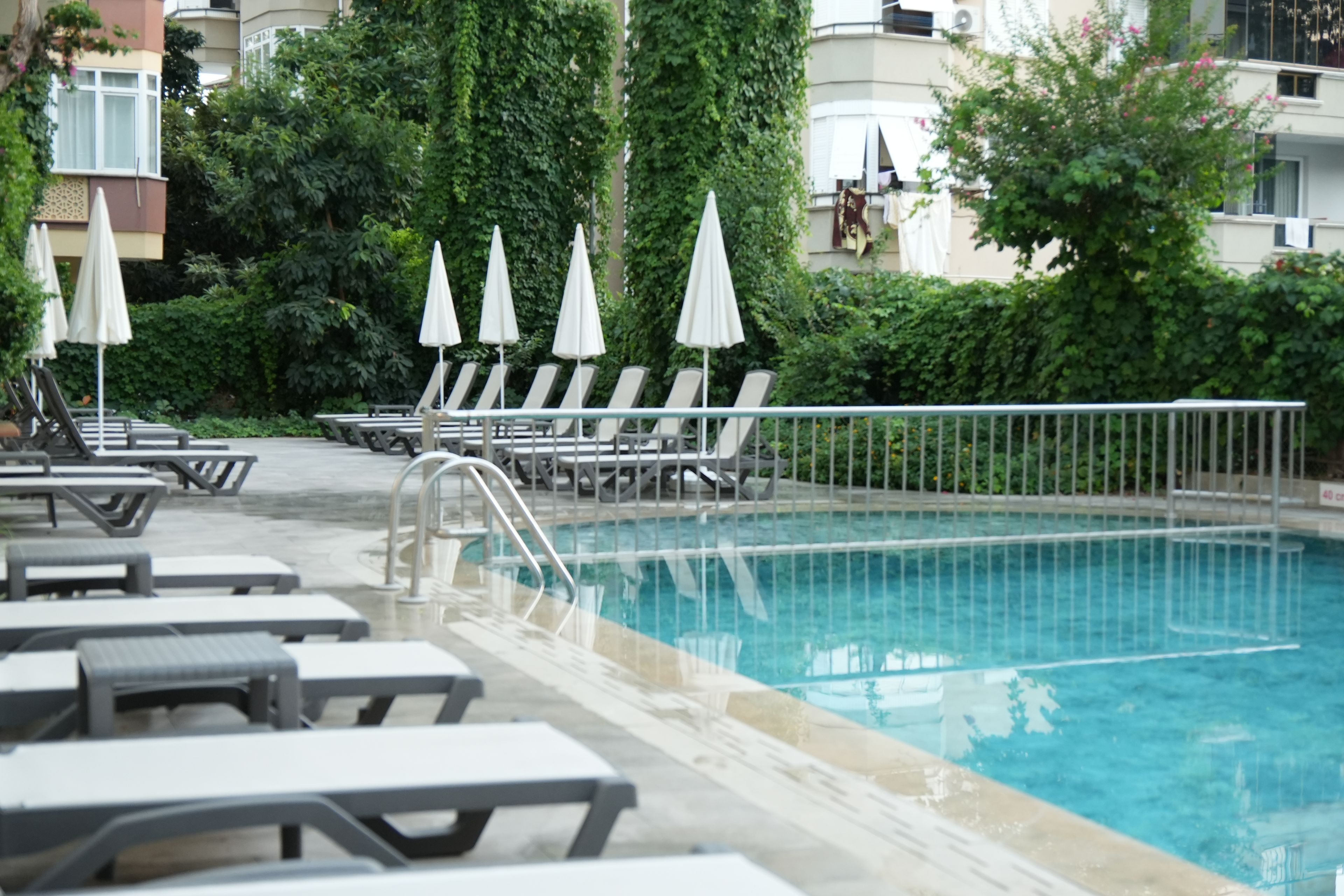 Une piscine entourée de verdure et de bâtiments, avec des chaises longues et des parasols.