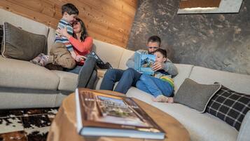 Deluxe Chalet, 4 Bedrooms, Accessible, Mountain View | Living area | Flat-screen TV, fireplace, heated floors