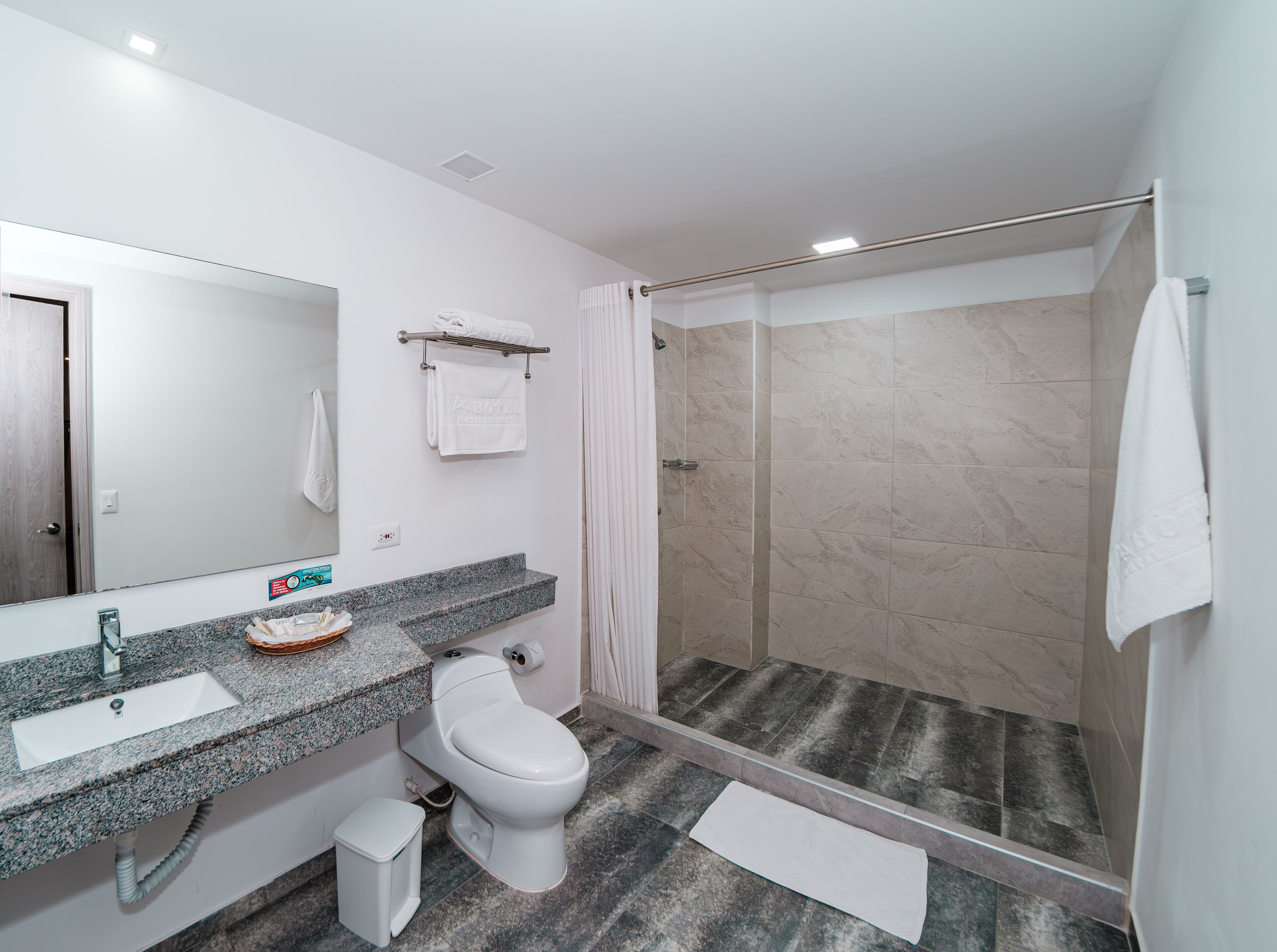 deluxe double room | bathroom | shower, free toiletries, bathrobes, towels