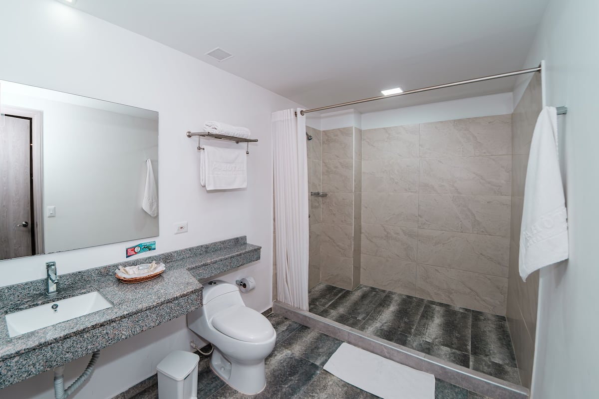 deluxe double room | bathroom | shower, free toiletries, bathrobes, towels