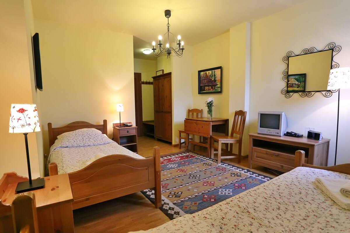 Een slaapkamer met een houten bed, een bureau, een stoel, een televisie en een spiegel.