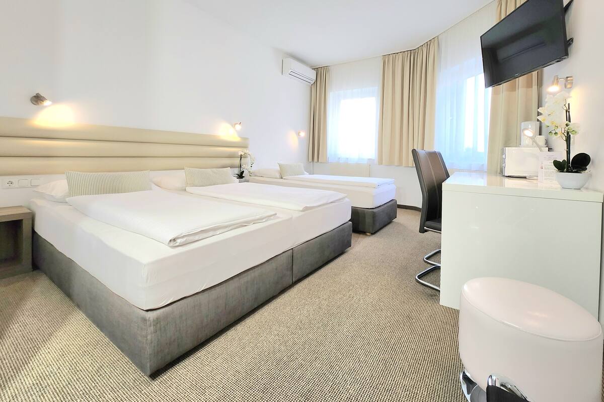 A hotel room with two beds, a desk, a chair, a TV, and a small plant.