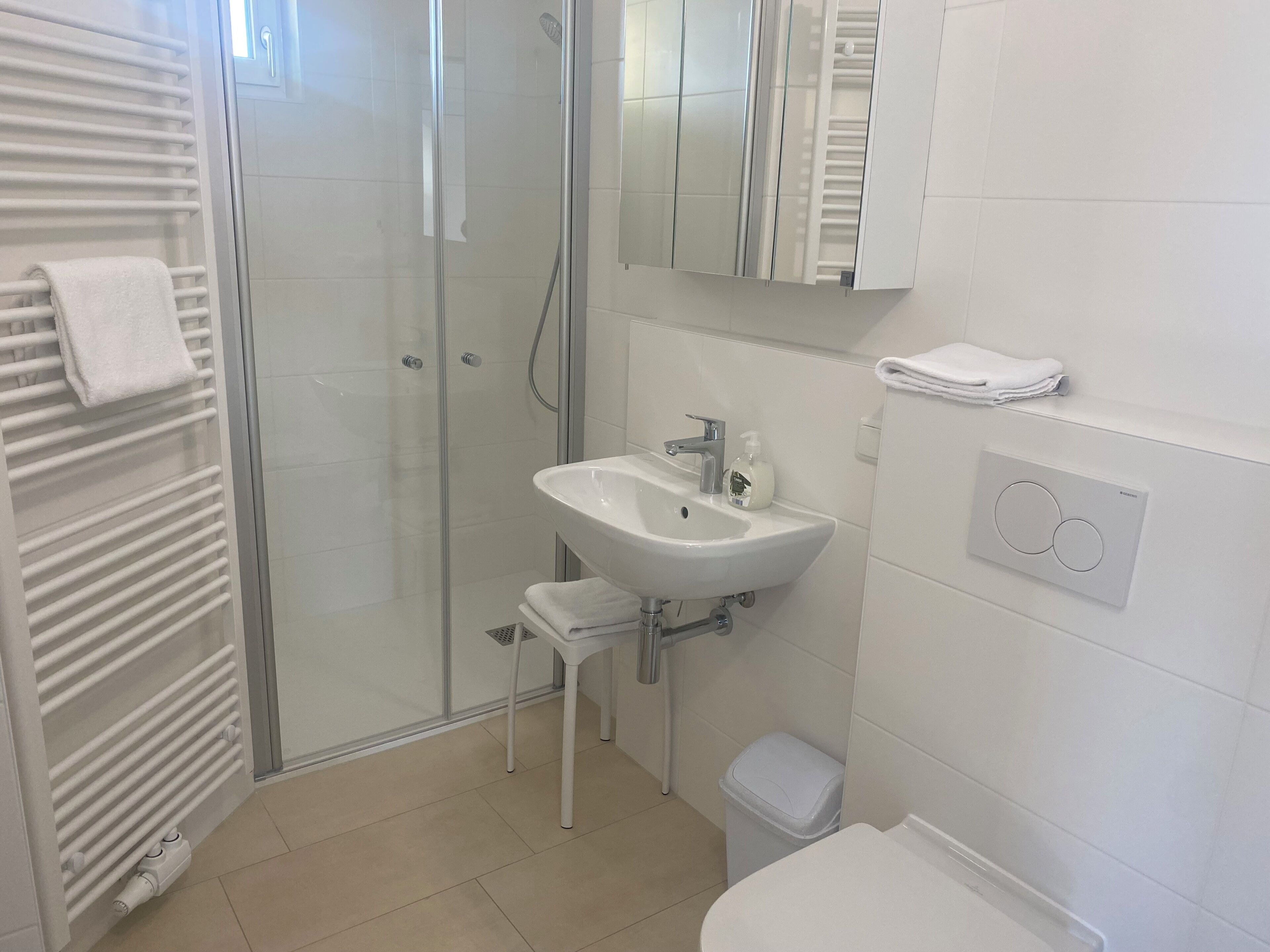 Ein modernes Badezimmer mit einer gläsernen Dusche, einem weißen Waschbecken und einer Toilette.