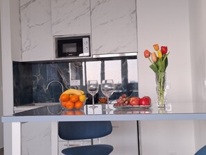 Sea View Studio (Pojisanska street 25) | Private kitchen | Fridge, microwave, stovetop, coffee/tea maker