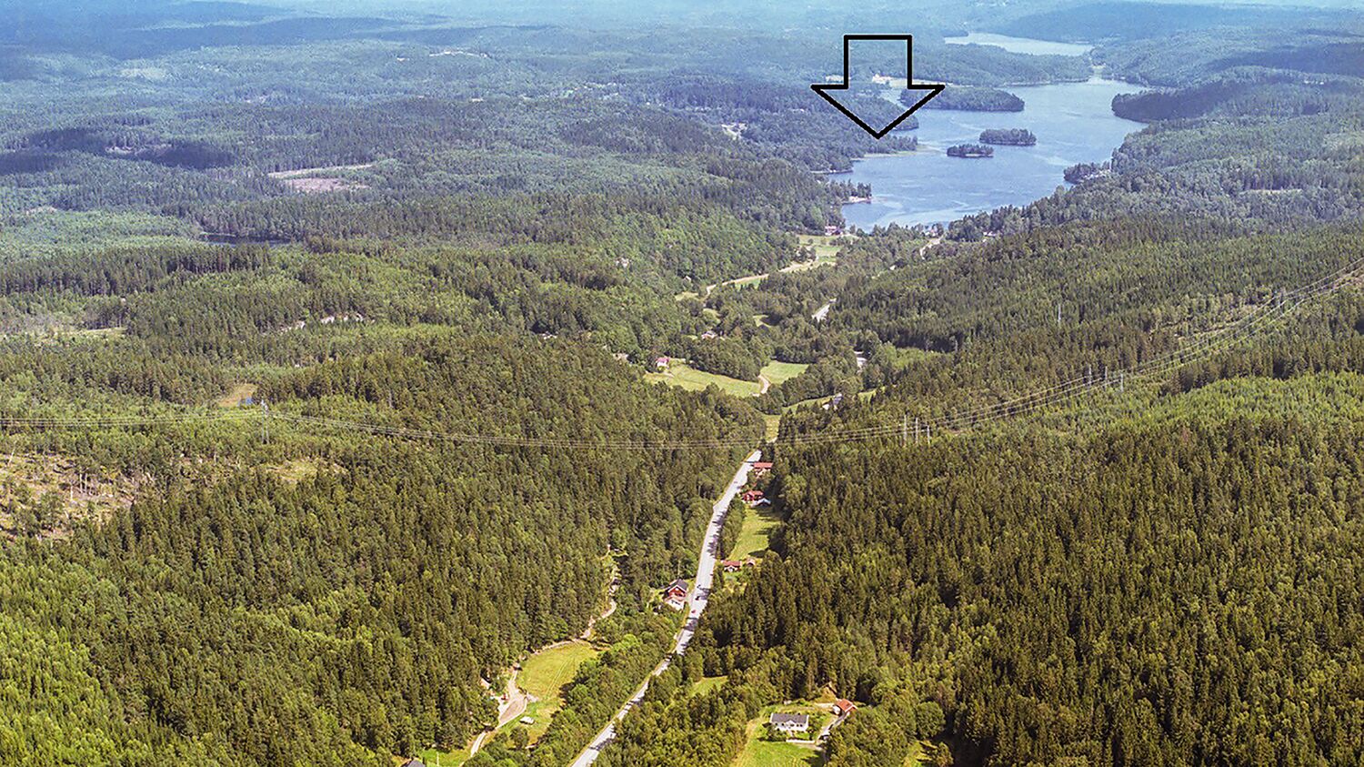 An aerial view of a forested valley with a winding road and a small settlement.