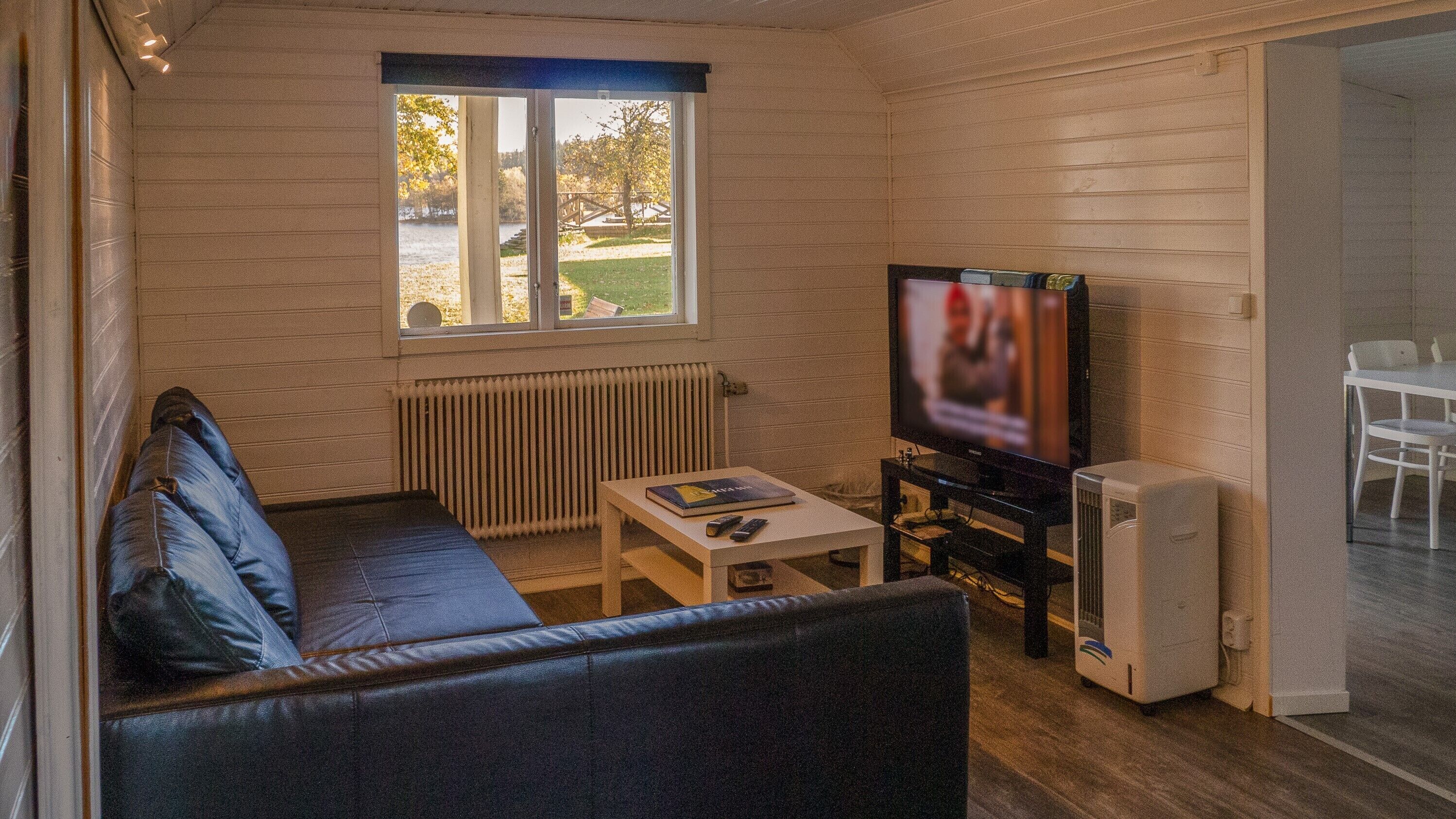 A cozy living room with a leather sofa, a small table with a book and remotes, a television, and a radiator.