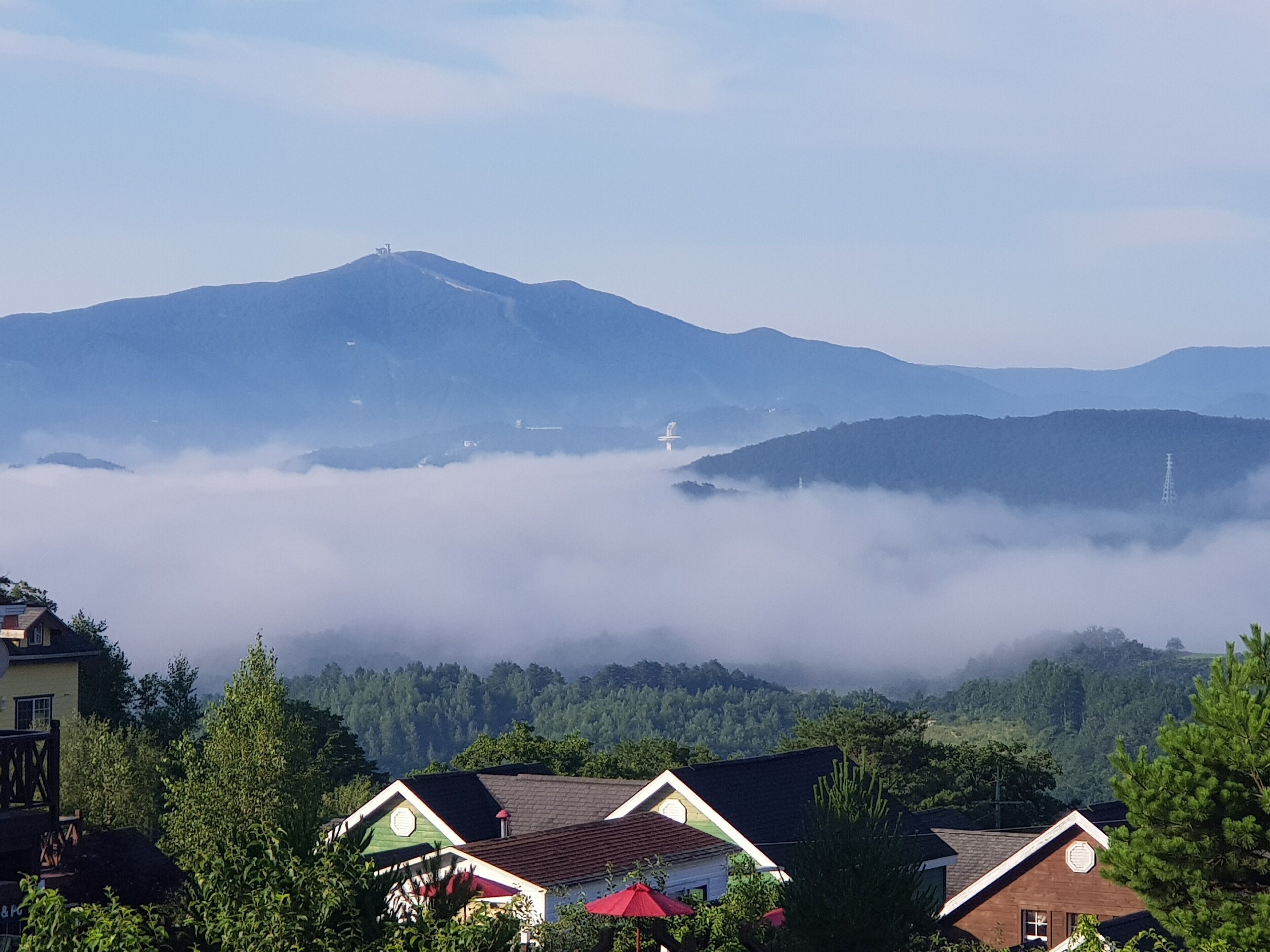 A mountain landscape with houses in the foreground and a clear sky.