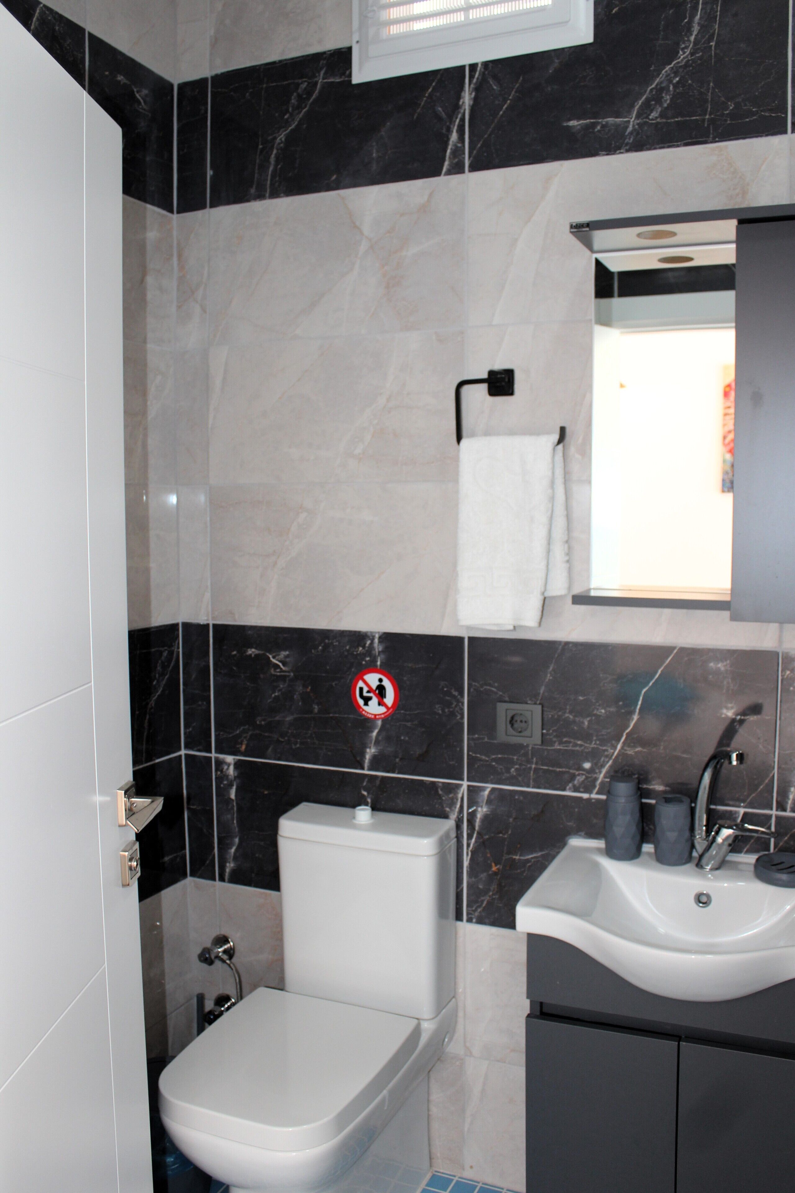 A modern bathroom with a toilet, sink, and mirror.