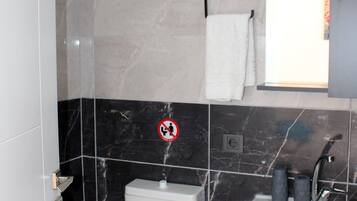 A modern bathroom with a toilet, sink, and mirror.
