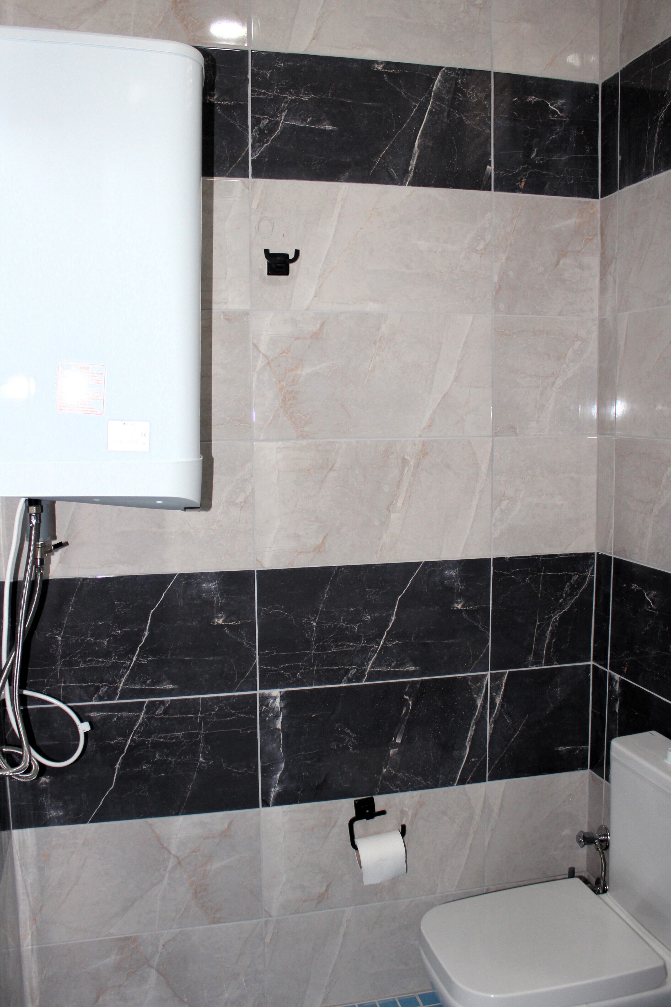 Een badkamer met een toilet, een wastafel en een toiletrolhouder aan de muur.