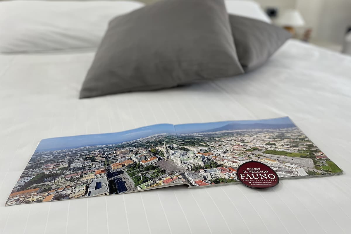 A bed with a folded cityscape brochure and a pillow.