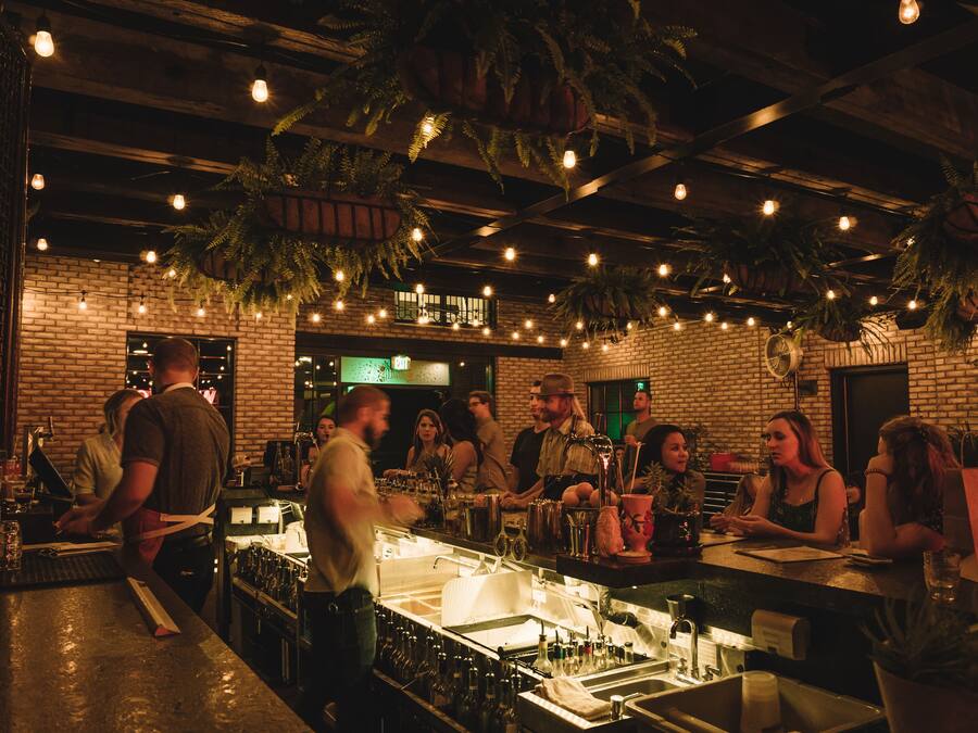 A bar area with a brick wall, hanging plants, and a counter with a sink and various bottles.