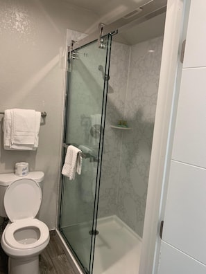 Shower, free toiletries, towels