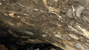 Une église souterraine aux murs de pierre, dotée d’une porte rouge et d’un escalier menant à un petit espace où se trouve l’autel.