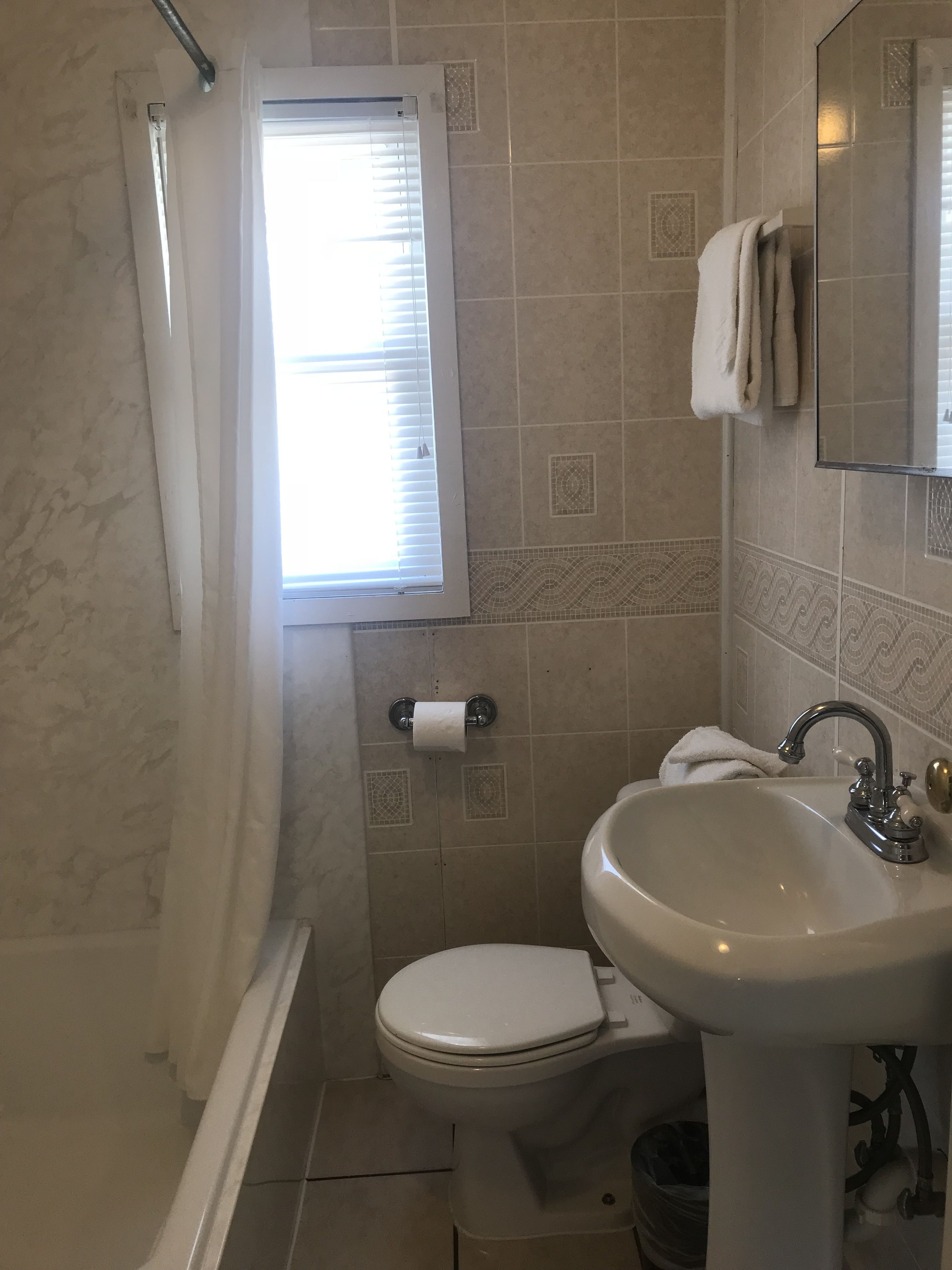 A bathroom with a toilet, sink, and shower.
