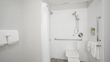 A bathroom with a shower, toilet, and handrails.