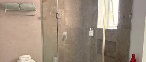 Ein modernes Badezimmer mit einer Duschkabine aus Glas, einer weißen Toilette und einem Holzwaschtisch.
