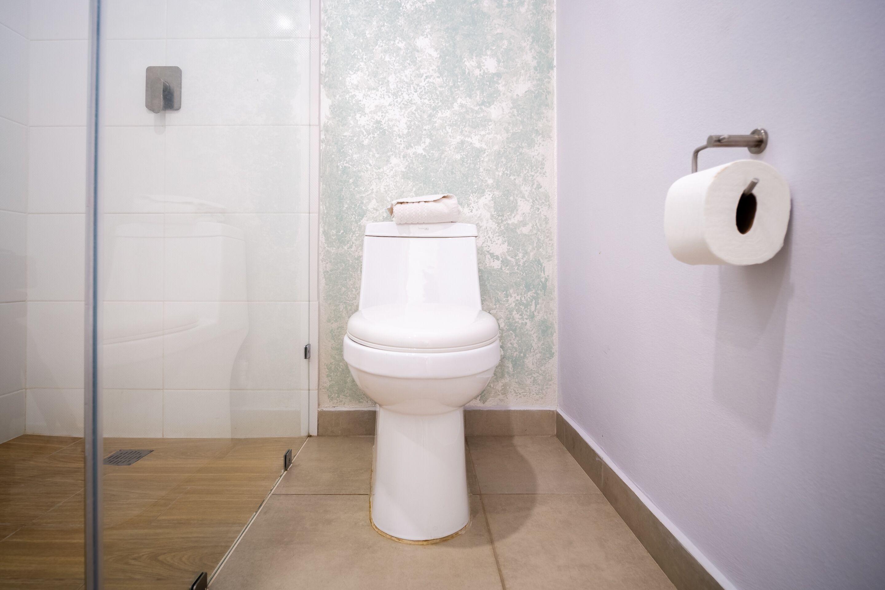 Une salle de bain avec des toilettes blanches, une cabine de douche en verre et un porte-rouleau de papier toilette fixé au mur.