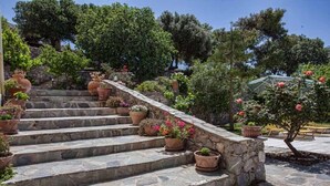 A stone staircase with potted plants leading up to a garden area. - Petrinos Milos (Agios Vasileios)