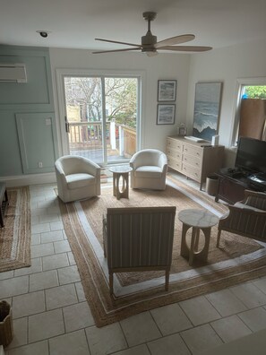 Smart TV, fireplace, DVD player, books