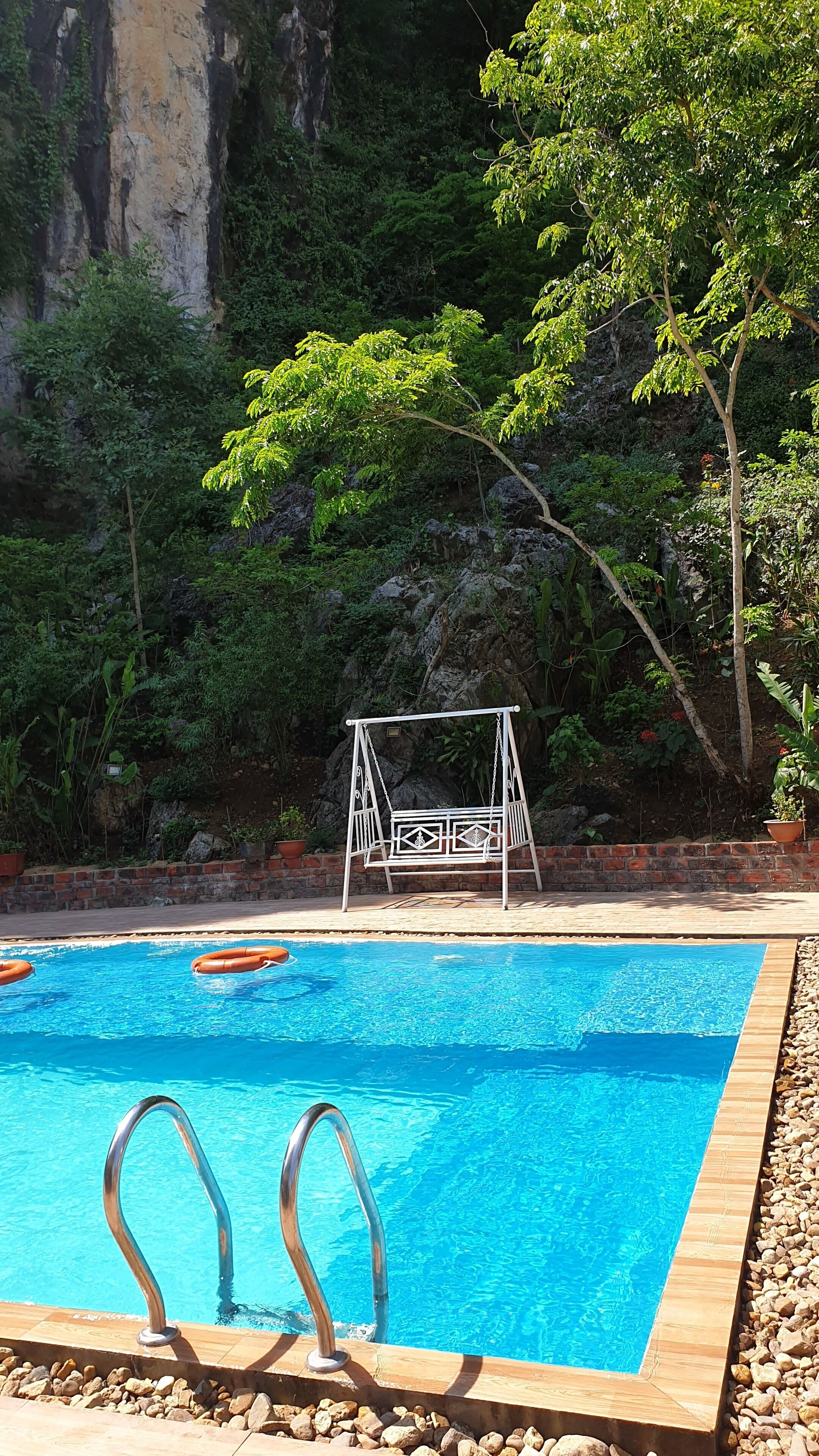 A swimming pool with a swing chair, surrounded by lush greenery and a rocky cliff.