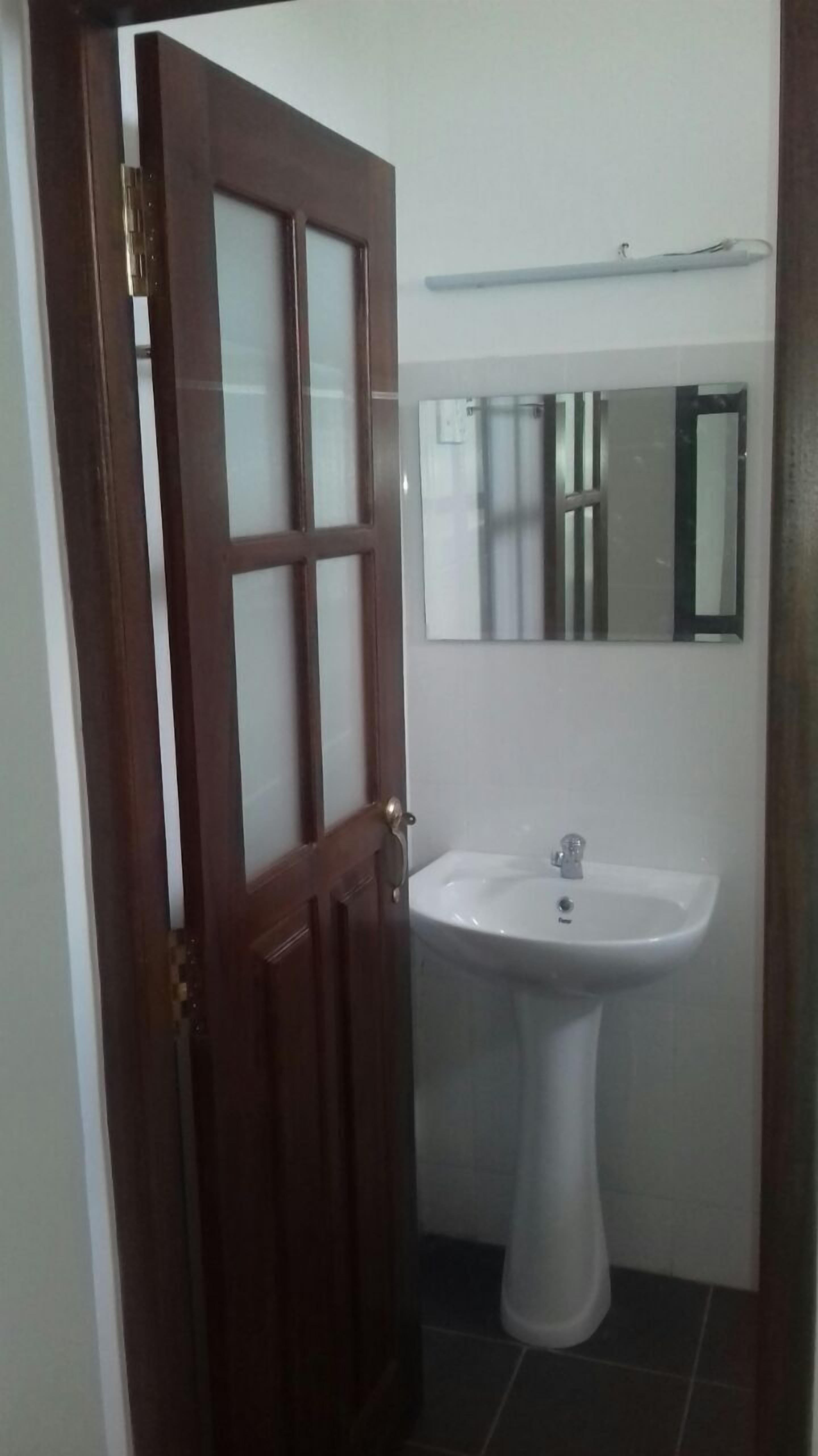A bathroom with a white pedestal sink, a mirror above it, and a wooden door with glass panels.