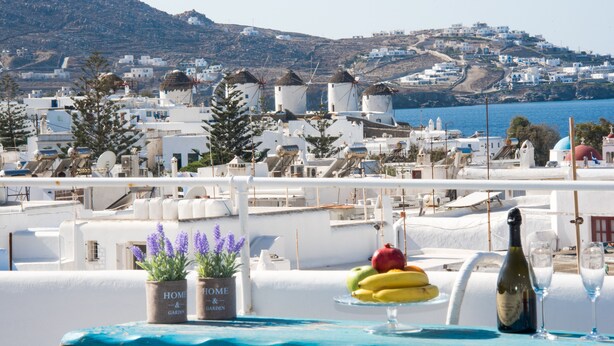 A table with a potted plant, fruits, a bottle, and a glass on a terrace overlooking a coastal village with white buildings and a view of the sea. - Mykonos Town Panorama with Private Terrace  (Mikonos)