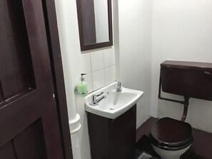 A small bathroom with a white sink, a mirror, a green soap dispenser, and a dark-colored toilet. - Halz city estates (London)