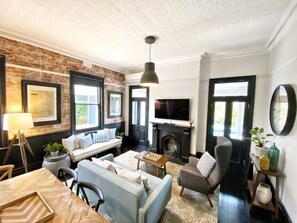 Luxury Apartment, 1 Bedroom, Fireplace, Poolside | Living area