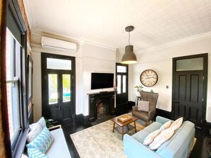 Luxury Apartment, 1 Bedroom, Fireplace, Poolside | Living area
