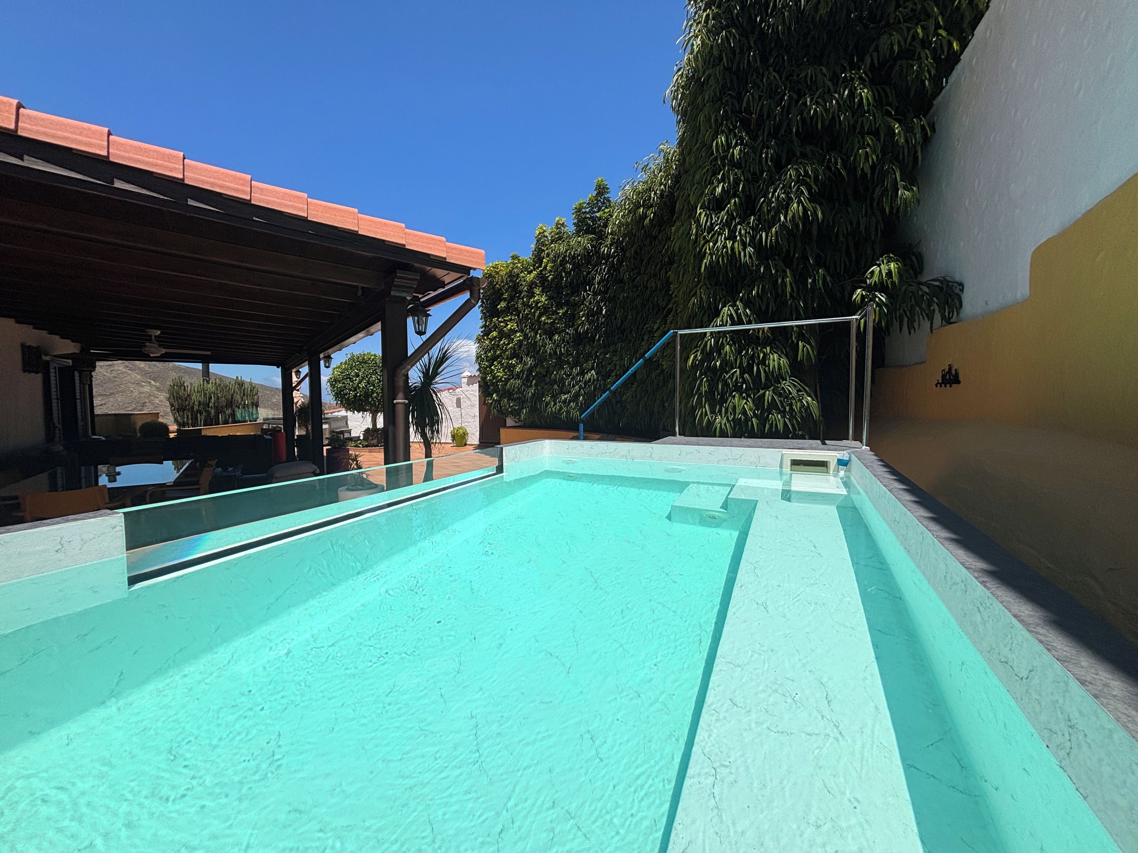 Una piscina con superficie de agua azul cristalina, rodeada por un área techada con macetas y plantas.