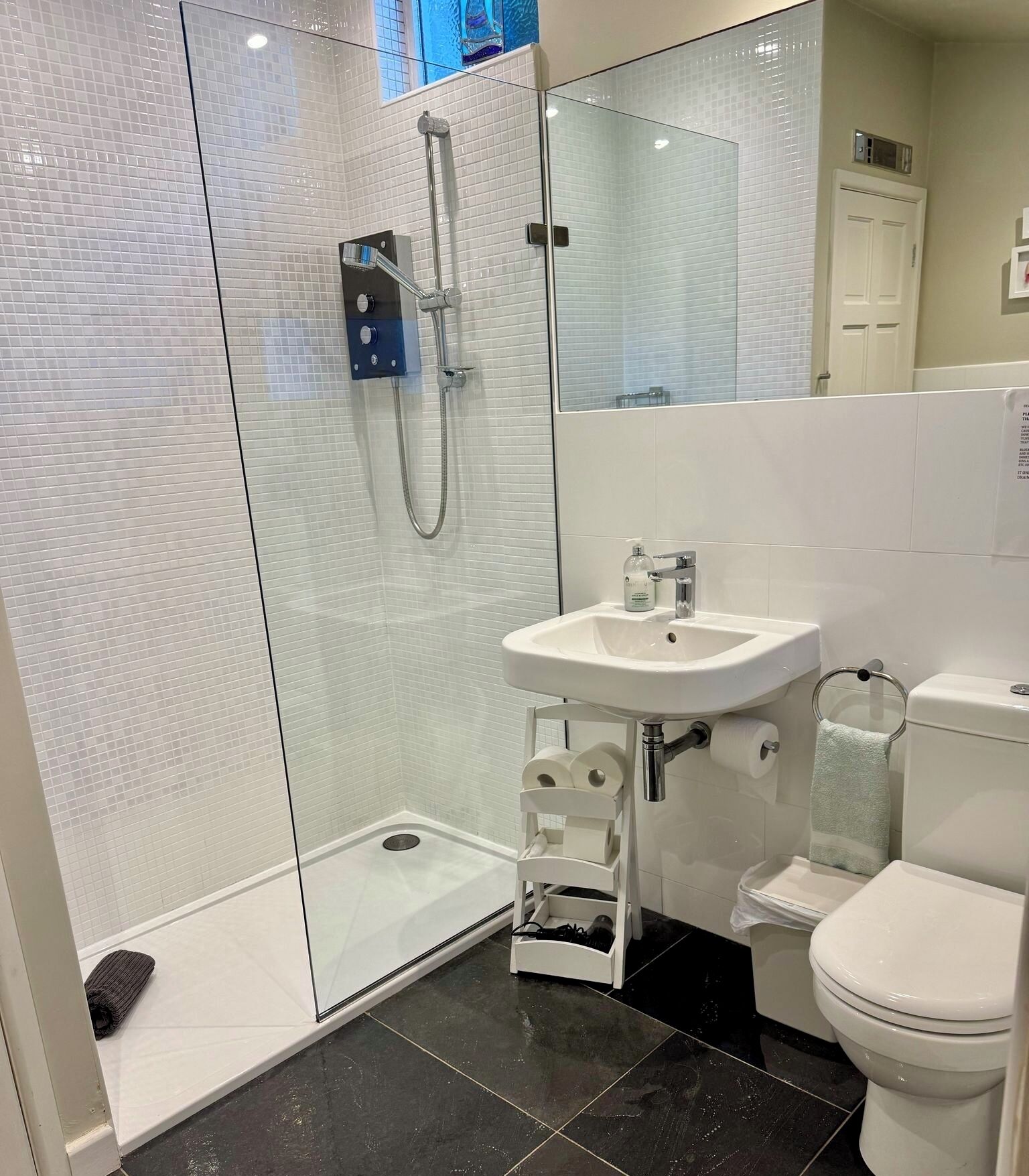 A modern bathroom with a glass shower enclosure, a white sink, and a toilet.