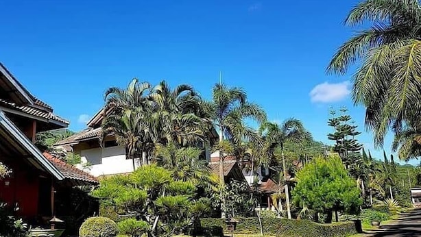 Um edifício tradicional com telhado em cerâmica, rodeado por vegetação exuberante e palmeiras.