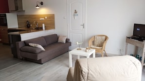 En stue med sofa, et lille bord, en fletstol, et fjernsyn og et køkken i baggrunden.