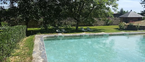 Una piscina cristalina con bordes de piedra, rodeada de césped y árboles.