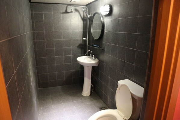 Ein kleines Badezimmer mit dunklen Fliesen, einem weißen Waschbecken auf Säule, einer Toilette und einer Handbrause.