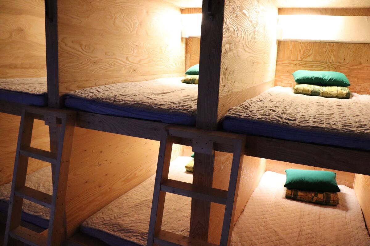 Une chambre avec un lit superposé, des murs en bois et une échelle.
