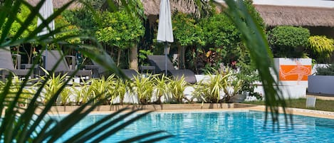 Piscine extérieure, parasols de plage, chaises longues