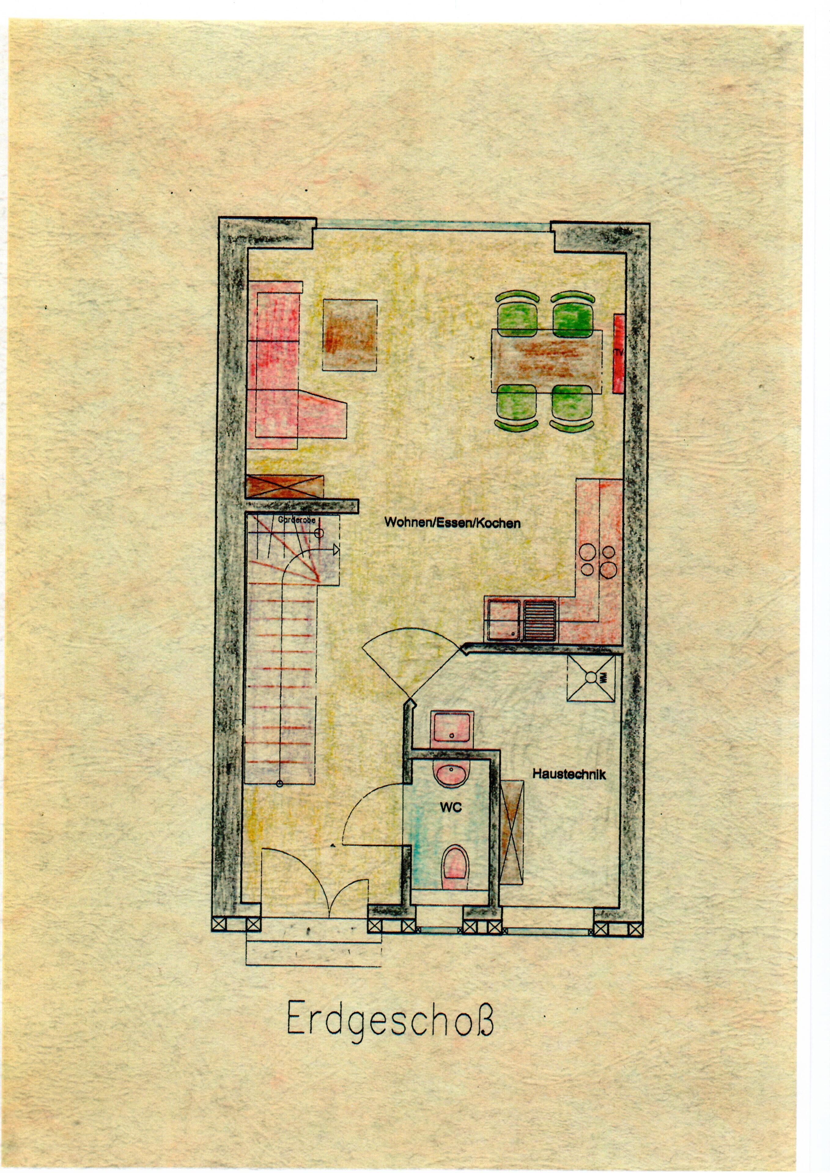 Plano de planta de una habitación con la indicación 'Erdgeschoß', que incluye un inodoro, una zona de cocina y un área de estar.