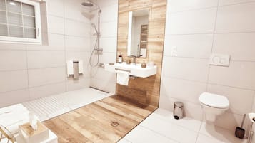 Een douche, een regendouche, gratis toiletartikelen, een haardroger