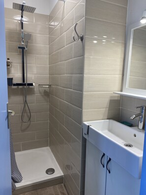 Bathtub, hair dryer, towels, soap