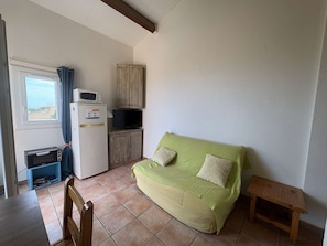 A small, furnished room with a green sofa, a wooden chair, a small wooden table, a microwave, a television, and a cabinet.