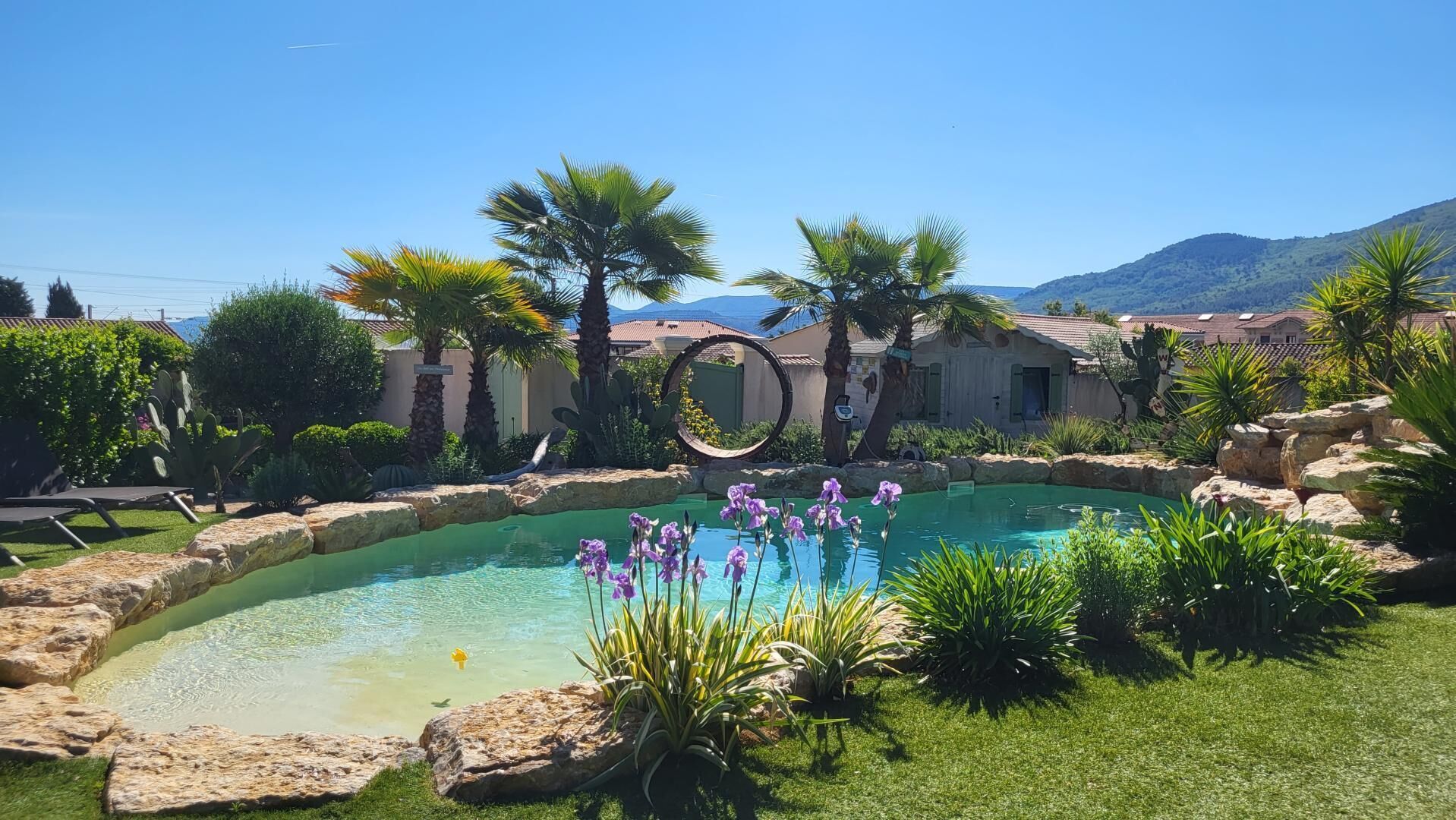 Une piscine entourée de rochers et de plantes, avec une vue sur des maisons et des montagnes en arrière-plan.