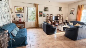 A living room with a blue sofa, a black sofa, a coffee table, and a TV on a wooden stand. There are windows with curtains, a wall clock, and framed pictures. - Charming cottage with garden, near Chenonceau and Beauval (Luzillé)