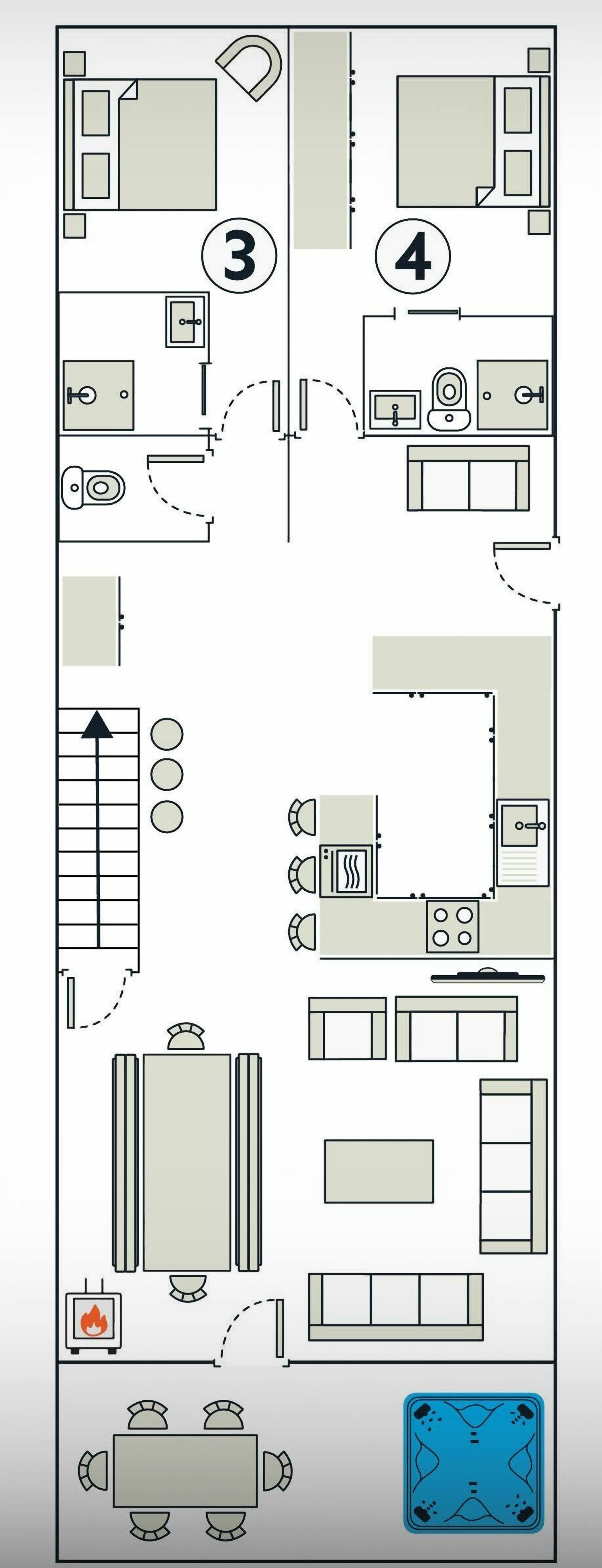 A hotel floor plan with 3 bedrooms, 1 bathroom, 1 kitchen, 1 dining area, and 1 conference room.