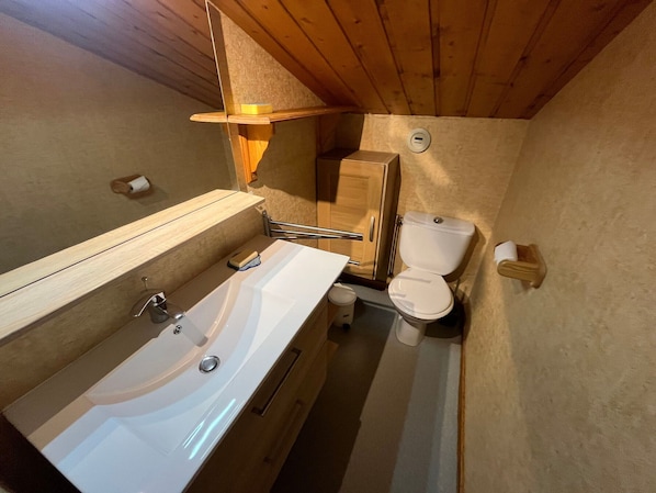 A compact bathroom with a sink, toilet, and wooden ceiling.