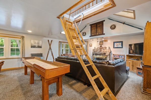Smart TV, fireplace, DVD player, books