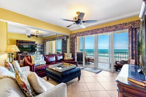 Smart TV, fireplace, books, stereo