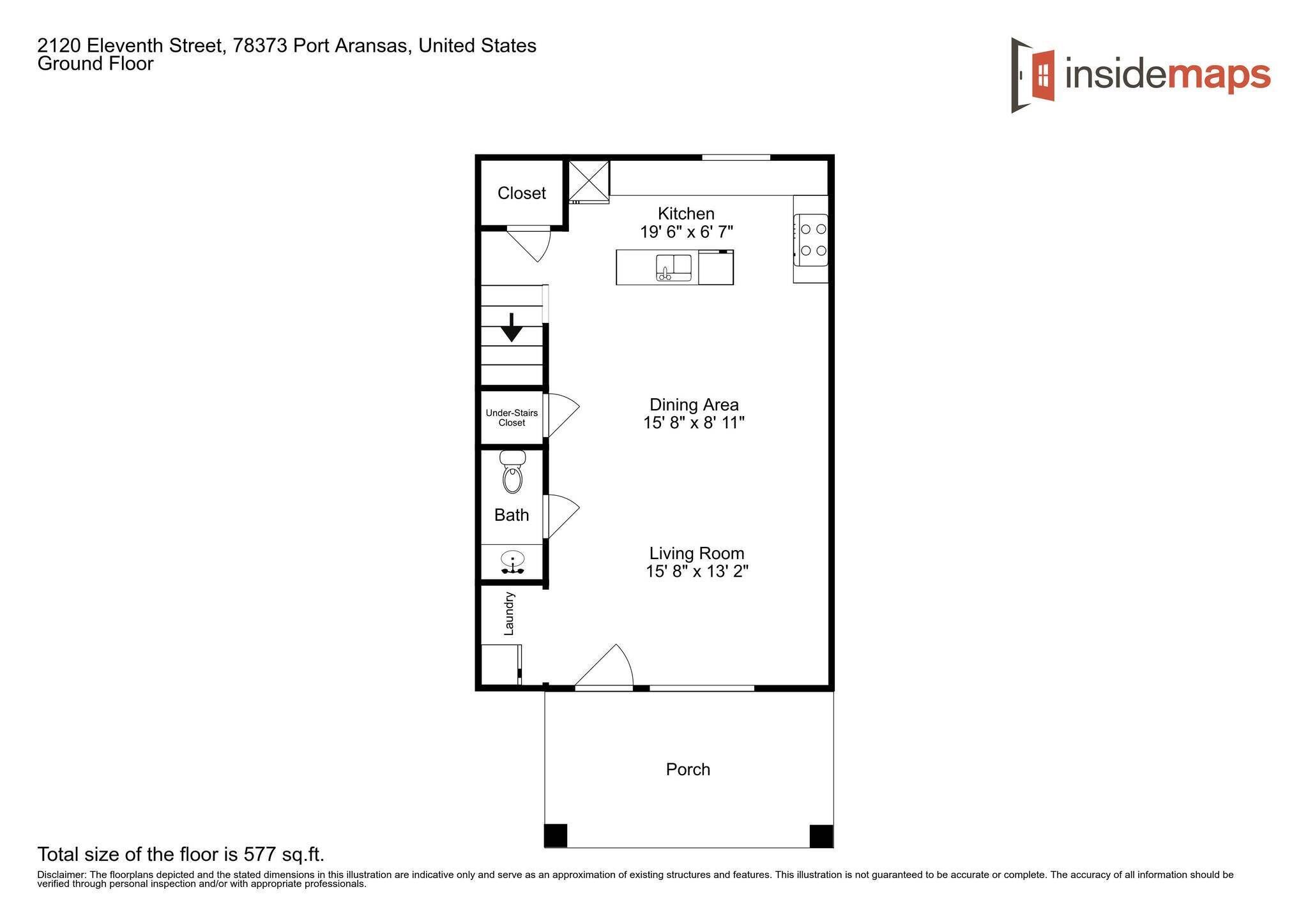 A floor plan of a ground floor apartment at 2120 Eleventh Street, Port Aransas, United States, with a total size of 577 sq.ft. It includes a kitchen measuring 19' 6" x 6' 7", a dining area of 15' 8" x 8' 11", a living room of 15' 8" x 13' 2", a bathroom, a laundry room, a closet, an under-stairs closet, and a porch.